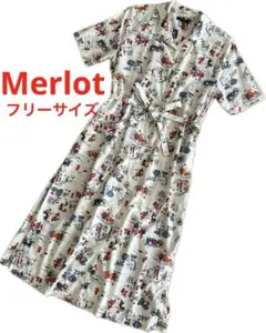 merlot メルロー 半袖シャツワンピース 総柄　ウエストリボン フリーサイズ