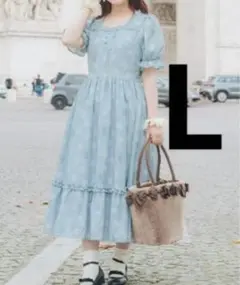 新品しまむら　青木美沙子　ニナスコラボ　スクエア襟ロングワンピース水色L