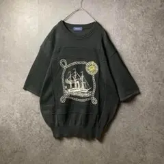 vintage サマーニット　半袖　黒　ビッグ刺繍　ビンテージ　レトロ　レア物