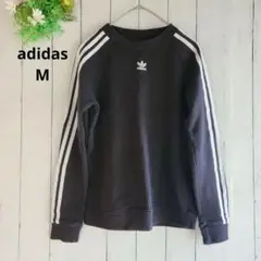 【adidas 】M ブラック トレーナー ストライプ長袖 クールネック刺繍ロゴ