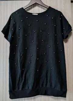 VIS 黒 ビーズ装飾 半袖Tシャツ