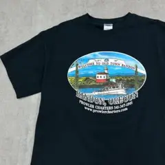 アメリカの古い街　イラスト　BANDON オレゴン　Tシャツ　古着　ブラック　L