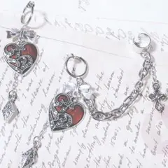 Gothicハートイヤリングsilverイヤーカフ 赤銀 大きめチェーン