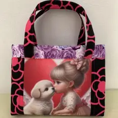 【SALE】ミニトートバッグ　かわいい女の子とワンちゃん柄　カメリア柄