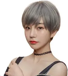 FESHFENウィッグ ショート フルウィッグ グレー