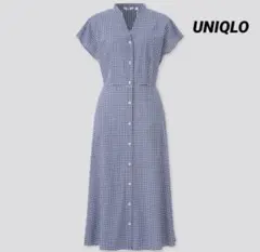 UNIQLO レーヨンローンフレアワンピース（半袖）ギンガムチェック　ブルー S