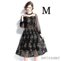 スパンコール レース ドレス ワンピース ブラック ゴールド M 結婚式 黒