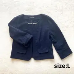 ツイード ジャケット ネイビー L 襟元パール