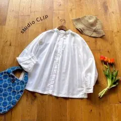 スタディオクリップ＊バックギャザー フリル襟 長袖ブラウス 白 シングルガーゼ