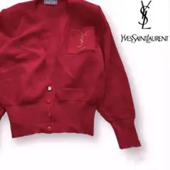 【希少】美品 イヴサンローラン YSL カーディガン 金刺繍ロゴ レッド M