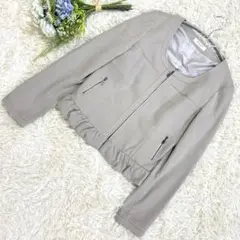 【美品】オフオン ノーカラージャケット グレー フリル Lサイズ 通勤フォーマル