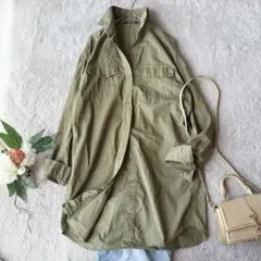 美品(M)長袖シャツ/ブラウス/コットン100%/綿/長め/ミリタリー/カーキ