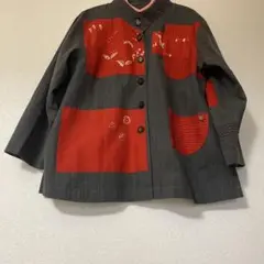 正絹古布使用　ジャケット　リメイク　チャコールグレー×赤