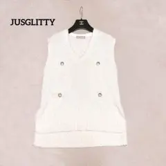 JUSGLITTY ホワイト ツイード ベスト ジレ 金ボタン Vネック 白
