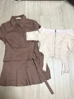 Chico 襟付きプリーツミニワンピース pink mlineレースオフショル