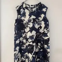 enréci ノースリーブ 花柄 ひざ丈ワンピース 青 おしゃれ 涼しい M