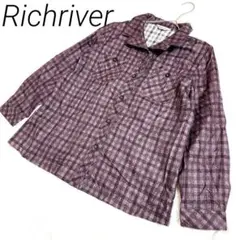 Richriver 紫と黒のチェック柄長袖シャツL ポケット　ボタン