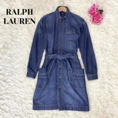 RALPH LAUREN ウエストリボン デニム シャツ ワンピース ロゴボタン
