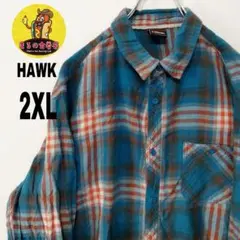 USA古着 HAWK　ネルシャツ2XL　ライトブルーオレンジ　チェック
