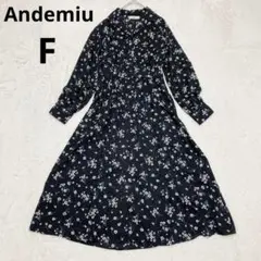 アンデミュウ　花柄 シャツワンピース 長袖【F】黒　大人可愛い　ロング　フレア