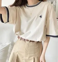 JaVa コラボ 配色刺繍 オーバーサイズ シンプル半袖Tシャツ