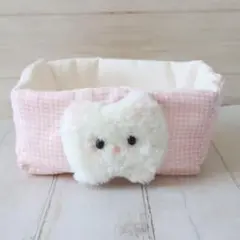 ハンドメイド パンチニードル 白猫 小物入れ