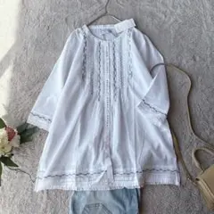 新品(L)美品/未使用/七分袖シャツ/ブラウス/長袖/刺繍/綿100%/薄手