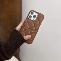 茶色 ブラウン キルティング レザー iPhone 13 14 ケース カバー