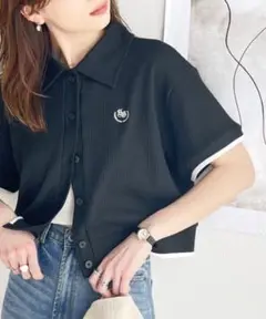 クラシカルエルフclassicalelf◇胸刺繍ワッフル短丈ポロカーデ