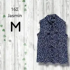 16ΣJasmin　ノースリーブシフォンブラウス　ボウタイ　フリル　総柄　紺