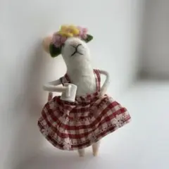 ねずみ　フェルト　チェック　コーヒー