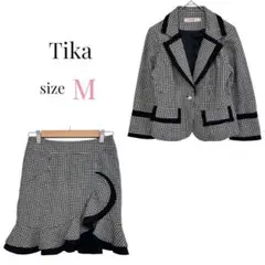 Tika【M】千鳥格子柄スーツセットアップ 裾フレアスカート キャバ 2ピース