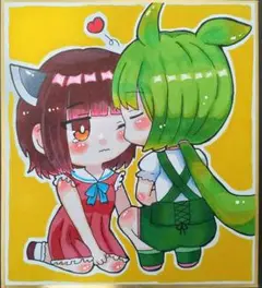 ずんだもん　きりたん　手描きイラスト　『元気になれるおまじない』　ミニ色紙