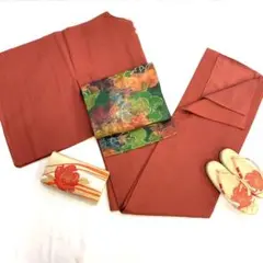 【S205】着物 色無地 袷 正絹 一つ紋 光彩ちりめん 赤茶 単品販売♪