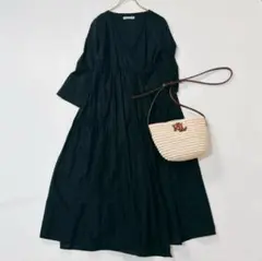 ★日本製★フランチェスカアマンラベル　カシュクールコットンロングワンピース　黒
