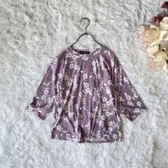 PURE ROSE 大花柄長袖カットソー　七分袖　しストレッチ　パープル系