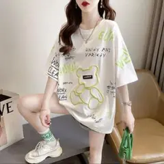 新品　半袖Tシャツ　クマ　ロゴ総柄　ストリート　Ｌ　オーバーサイズ　ホワイト