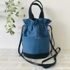 巾着型ハンド&ショルダーバッグ　デニム×黒帆布