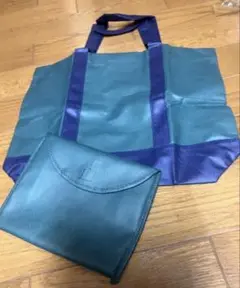 携帯型　トートバック　青緑と紫のエコバッグとポーチ