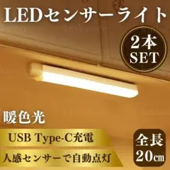 LEDライト 人感センサー 白昼色 20cm 2本 マグネット USB 暖色光