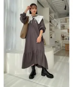 新品タグ付き Jumelle ジュメロ 付け襟ギャザーワンピース グレー M