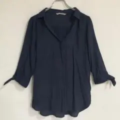 C'estbienVous シャツ　ブラウス　チュニック　七分袖　紺色a4183