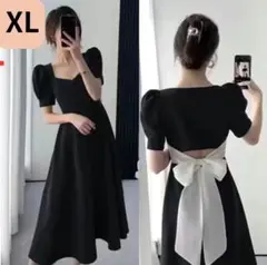レディース　XL 綺麗目　ワンピ　結婚式　2次会　パーティー　黒　白　リボン