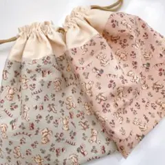 お給食袋　2点セット　ナチュラルなテディベア