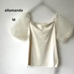 【美品】アラマンダ　リブ編みパフスリーブシャツ　トップス　シースルー　レース半袖