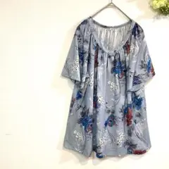 花柄 半袖チュニック グレー系 ボタン