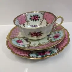 オールドノリタケ ピンク地薔薇柄 キャビネットトリオ
