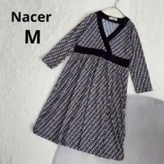 【Nacer】総柄ワンピース M 紺 紫 白 カシュクール 春秋