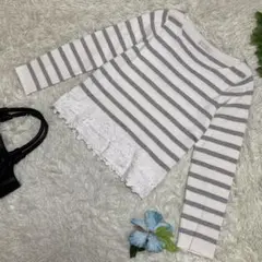 極美品　エニィスィス　ニット　ボーダー　白グレー　裾花柄　手洗い　2 Mサイズ