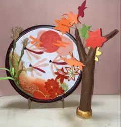 秋の風景飾り　もみじと赤とんぼ セット　アートプレート　ハンドメイド